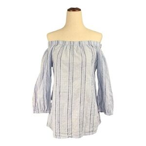 H & M LOGG Off The Shoulder Blue Striped Top Tunic Peasant Style Cottage Size 4